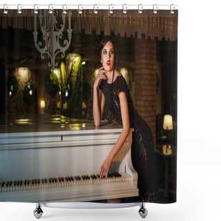 Personality  Portrait Of 20s Style Festive Beauty In A Restaurant. Young Beautiful Woman In Art-deco Style, In Black Dress In A Luxurious Interere Chicago 20s, The Era Of Gangsters. Singer At The White Piano Shower Curtains