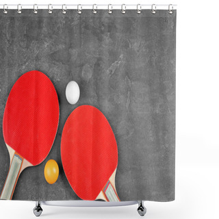 Personality  Ping Pong Rackets And Balls On Grey Background Shower Curtains
