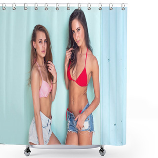 Personality  Two Beautiful Girls Wearing Bikini Top And Denim Shorts Standing On The Blue Background Shower Curtains