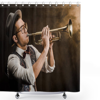 Personality  Young Mixed Race Jazzman In Hat And Eyeglasses Playing On Trumpet On Stage With Dramatic Lighting And Smoke Shower Curtains
