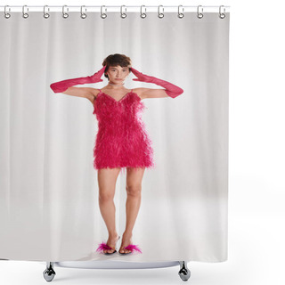 Personality  A Stylish Young Woman Poses In An Elegant Red Feather Dress Against A Vibrant Backdrop. Shower Curtains