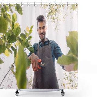 Personality  Gardener With Pruning Shears Cutting Plant Shower Curtains