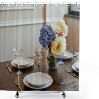 Personality  White Plates, Knifes And Forks, Crystal Glasses And Flowers In Vase On Wooden Table At Home Shower Curtains