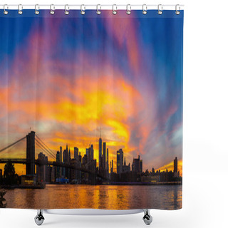 Personality  Panorama Of  Sunset View Of Brooklyn Bridge And Panoramic View Of Downtown Manhattan In New York City, USA Shower Curtains