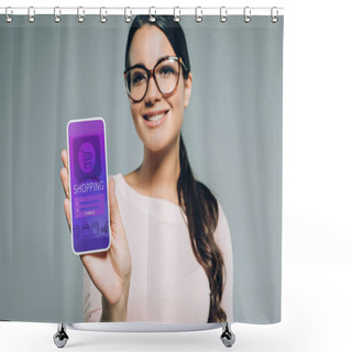 Personality  Beautiful Woman Presenting Smartphone With Online Shopping Appliance, Isolated On Grey Shower Curtains