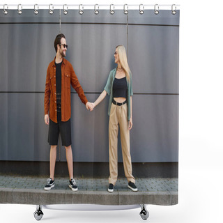 Personality  A Man And Woman Stand Side By Side, Hands Clasped, Exuding An Aura Of Romance And Unity. Shower Curtains