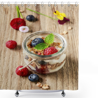 Personality  Glass Jar With Fruits And Whipped Cream.  Shower Curtains