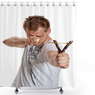 Personality  A Man Aims A Slingshot Shower Curtains
