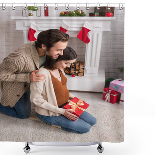 Personality  Happy Man Hugging Shoulders Of Pregnant Wife Sitting On Floor Near Fireplace With Christmas Decoration Shower Curtains