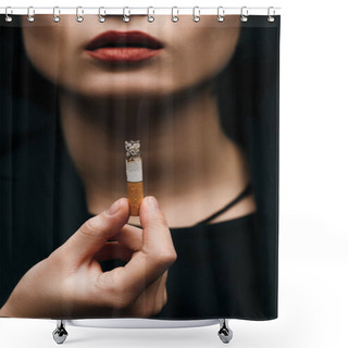 Personality  Selective Focus Of Young Woman Holding Cigarette  Shower Curtains
