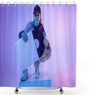 Personality  The Girl With The Vinyl Record. Colored Background And Neon Light. Modern Clothes. Music Poster. Retro Concept. Shower Curtains