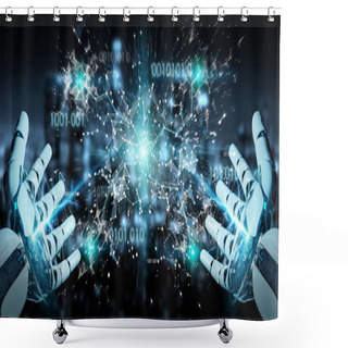 Personality  White Humanoid Hand On Blurred Background Using Digital Globe Hud Interface 3D Rendering Shower Curtains