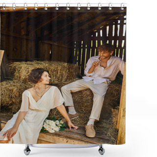 Personality  Happy Asian Bride In White Dress Holding Bouquet And Sitting On Hay Near Groom In Barn, Rural Shower Curtains
