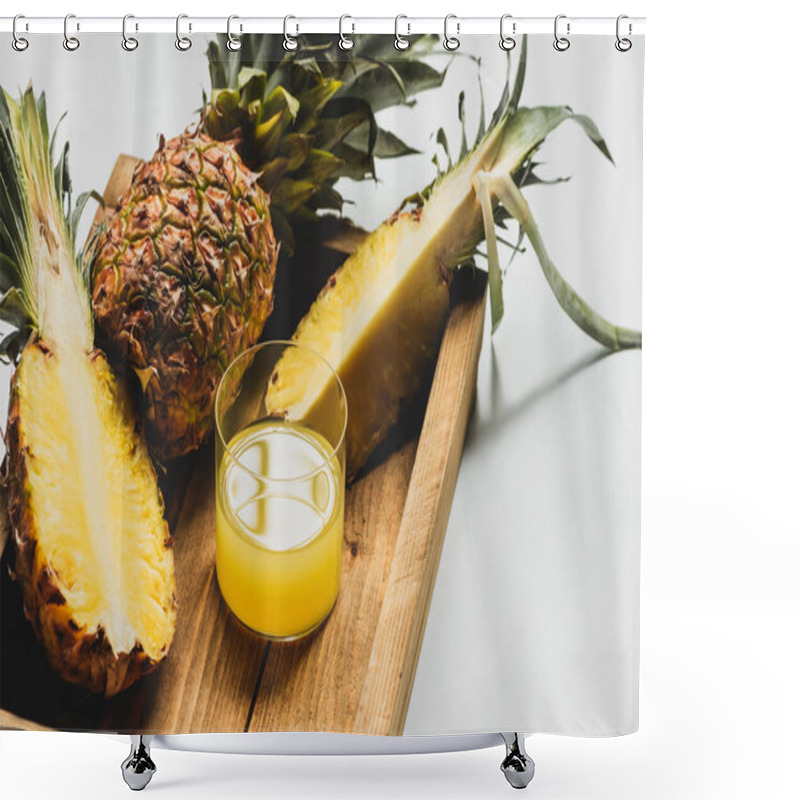 Personality  Fresh Pineapple Juice And Cut Delicious Fruit On Wooden Tray On White Background Shower Curtains