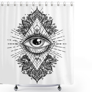 Personality  Blackwork Tattoo Flash. Eye Of Providence. Masonic Symbol. All Seeing Eye Inside Triangle Pyramid. New World Order. Sacred Geometry, Religion, Spirituality, Occultism. Isolated Vector Illustration. Shower Curtains