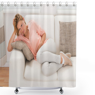 Personality  Woman On Sofa Having Stomachache Shower Curtains