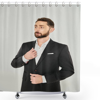Personality  Pensive Elegant Bearded Businessman In Black Suit Standing And Looking Away On Grey Backdrop Shower Curtains