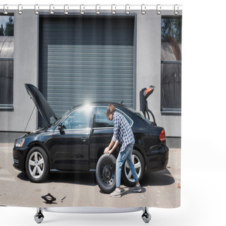 Personality  Man Rolling New Wheel And Fixing Broken Auto Near Garage, Car Insurance Concept Shower Curtains