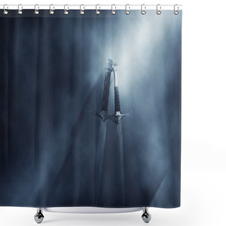 Personality  Mysterious And Magical Photo Of Silver Sword Over Gothic Black Background With Smoke. Medieval Period Concept Shower Curtains