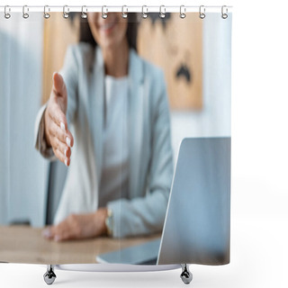 Personality  Selective Focus Of Travel Agent Outstretching Hand In Sign Of Deal Shower Curtains
