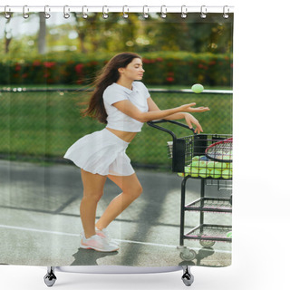 Personality  Pretty Tennis Player, Sexy Young Woman With Long Brunette Hair Standing In White Outfit Near Cart And Throwing Ball In Air, Blurred Background, Sun-kissed, Tennis Court In Miami,  Shower Curtains