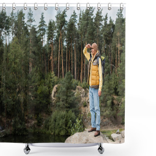 Personality  Full Length View Of Tourist Standing On Rocky Cliff Near Forest Lake And Looking Away Shower Curtains