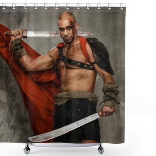 Personality  Wounded Gladiator With Two Swords Covered In Blood Shower Curtains