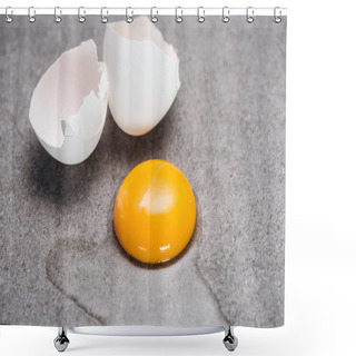 Personality  Close Up Of Raw Smashed Egg With Yolk And Protein On Grey Textured Background Shower Curtains