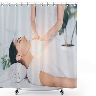 Personality  Peaceful Young Woman With Closed Eyes Receiving Reiki Healing Treatment Shower Curtains