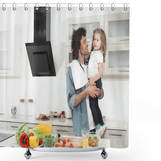 Personality  Joyful Daddy Holding Little Girl In Kitchen  Shower Curtains
