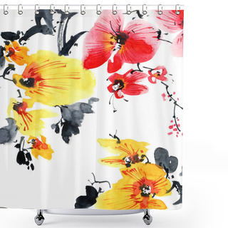 Personality  Watercolor And Ink Illustration Of Blossom Sakura Tree With Flowers And Buds. Oriental Traditional Painting In Style Sumi-e, U-sin And Gohua. Shower Curtains