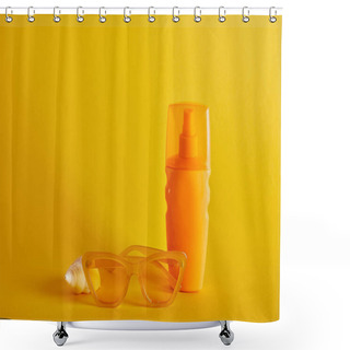 Personality  Sunscreen In Orange Bottle Near Sunglasses And Seashell On Dark Yellow Background Shower Curtains