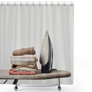 Personality  Iron And Folded Ironed Clothes On Ironing Board Isolated On Grey Shower Curtains