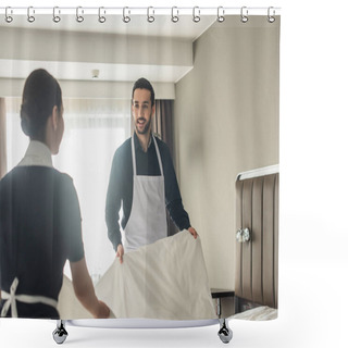 Personality  Happy Housekeepers Changing Bedding In Hotel Room  Shower Curtains