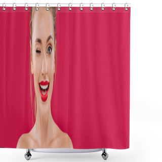 Personality  Smiling Naked Beautiful Woman With Red Lips Winking Isolated On Red, Panoramic Shot Shower Curtains