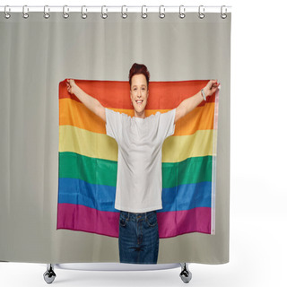 Personality  Cheerful Redhead Bigender Person In White T-shirt Standing With LGBT Flag On Grey Backdrop Shower Curtains