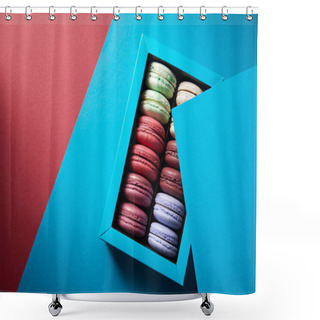 Personality  Top View Of Assorted Delicious Bitten Colorful French Macaroons In Box On Blue And Red Background Shower Curtains