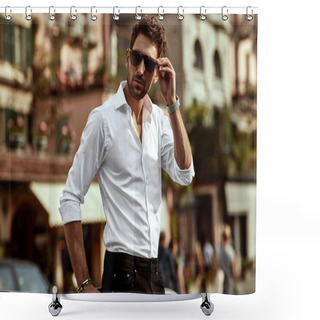 Personality  Stylish Man Wearing Sunglasses And White Shirt  Shower Curtains