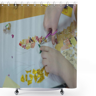 Personality  Nizhny Novgorod, Volga Region / Russia - March 04, 2020: Hands Of Children Lesson Applications In The Office For Fine Arts Cutting And Pasting Figures, Patterns Or Whole Pictures From Pieces Of Colorful Paper Shower Curtains