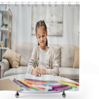 Personality  Portrait Of Elementary Age Girl Drawing With Color Pencil In Modern Apartment, Leisure And Art Shower Curtains
