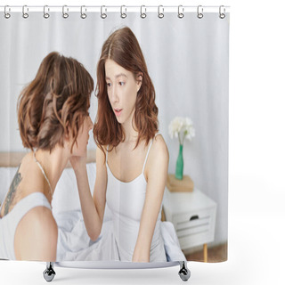 Personality  Two Appealing Women In A Bedroom, Looking At Each Other Warmly. Shower Curtains