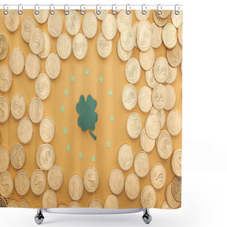 Personality  Top View Of Golden Coins With Dollar Signs And Circle Of Shamrocks Isolated On Orange, St Patrick Day Concept Shower Curtains