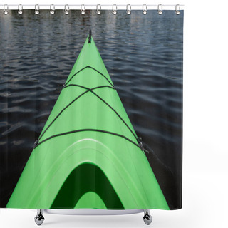 Personality  High Angle View Of Front Part Of Bright Green Sportive Kayak On Calm Water Surface In Summer, Water Recreation, Vacation Destination, Summer Gateaway, Concept Shower Curtains