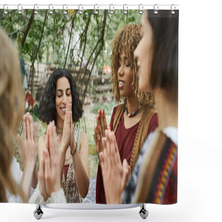 Personality  Smiling And Stylish Interracial Women Praying Together Outdoors In Retreat Center Shower Curtains