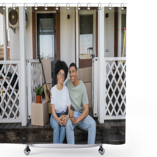 Personality  Happy African American Couple Holding Takeaway Coffee And Hugging On Porch Of New Home Shower Curtains