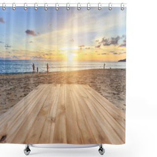 Personality  Wooden Table At Beach Shower Curtains