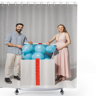 Personality  Full Length Of Trendy Couple Looking At Camera While Opening Gift Box With Blue Balloons And Standing Under Confetti During Baby Shower On Grey Background, Gender Party, It`s A Boy Shower Curtains