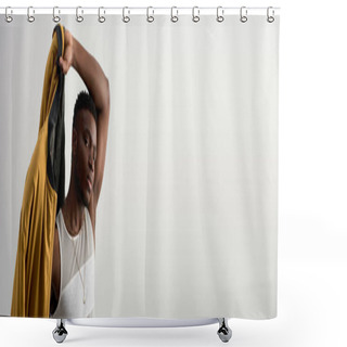 Personality  Good Looking Young African American Man In Sleeveless T-shirt Wearing Bomber Jacket And Standing Isolated On Grey, Contemporary Shoot Featuring Stylish Attire, Banner, Muscular, Fashion Statement  Shower Curtains