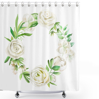 Personality  Beautiful Watercolor Floral Frame With Flowers Wreath Border Isolated On White Shower Curtains