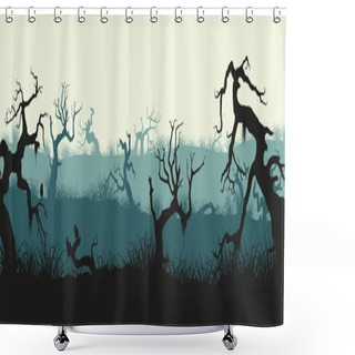 Personality  Silhouettes Of Broken Trees And Marsh Grass. Swamp Panorama. Hor Shower Curtains